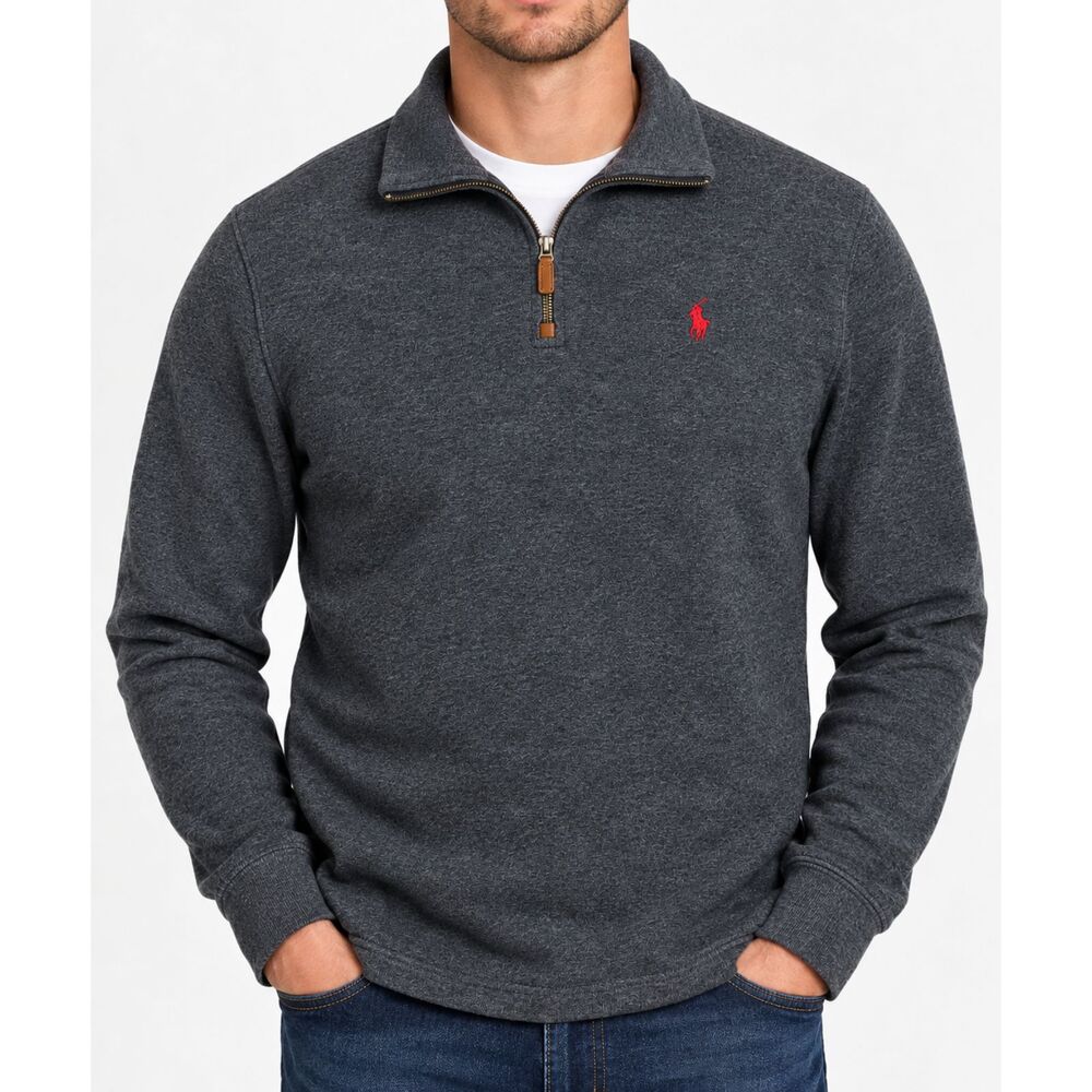 Polo Ralph Lauren Men's M Gray Quarter Zip Pullover 100% Cotton Red Pony Logo